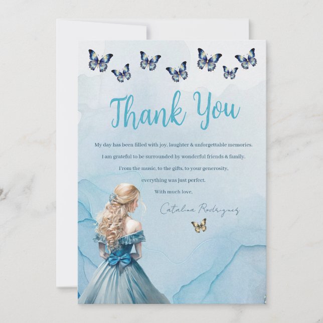 Blue Gold Butterfly Princess Quinceañera Thank You Card (Front)