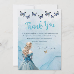 Blue Gold Butterfly Princess Quinceañera Thank You Card