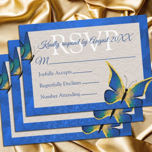 Blue, Gold Butterfly Quinceañera RSVP Card (royal blue gold quinceanera rsvp cards for elegant blue butterfly invitations)