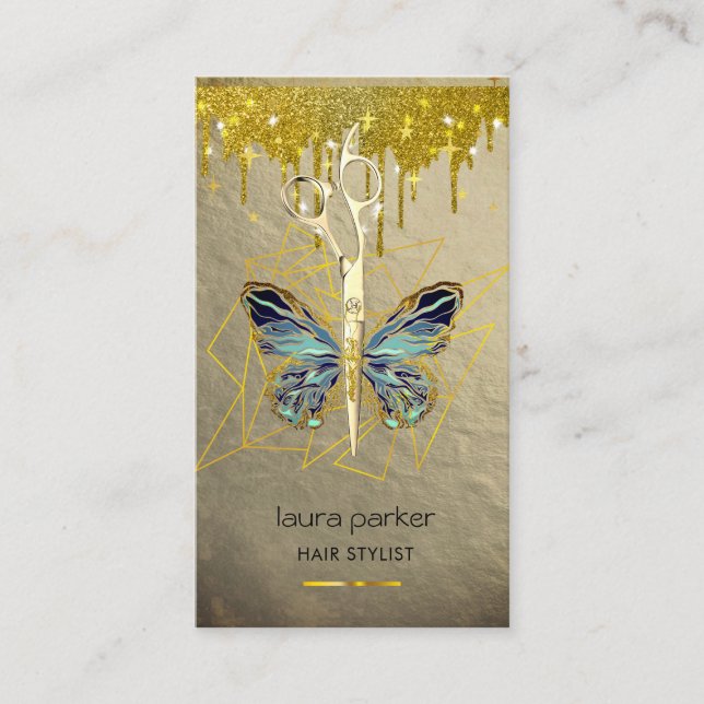 Blue Gold Butterfly Scissors Hair Stylist Salon  Business Card (Front)