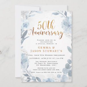 Blue Gold Calligraphy 50th Wedding Anniversary Invitation