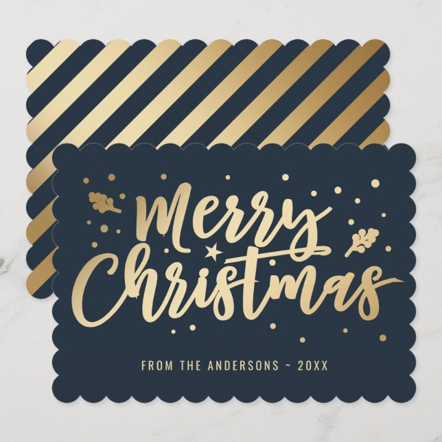 Blue Gold Calligraphy Merry Christmas Holiday Card (Front/Back)