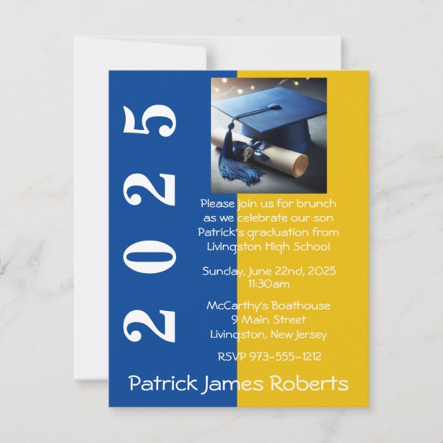 Blue & Gold Cap Design Graduation Invitation (Front)