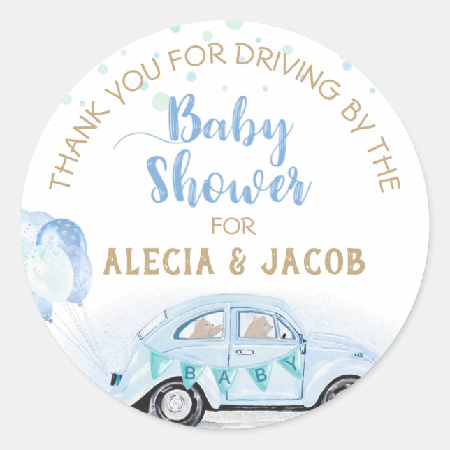 Blue Gold Car Drive By Baby Shower Thank You Classic Round Sticker (Front)