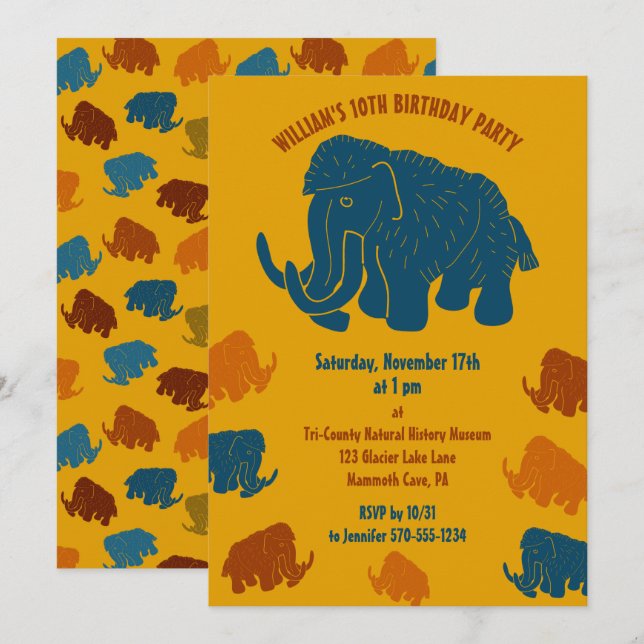 Blue & Gold Cartoon Woolly Mammoth Birthday Party Invitation (Front/Back)