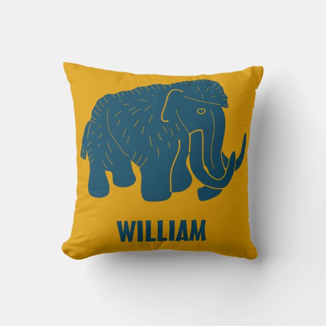 Blue & Gold Cartoon Woolly Mammoth Personalised Cushion (Front)