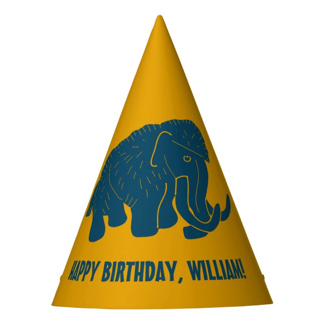 Blue & Gold Cartoon Woolly Mammoth Personalised Party Hat (Front)