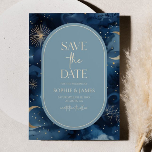 Blue Gold Celestial Elegant Starry Sky Wedding Save The Date (Creator Uploaded)