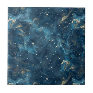 Blue Gold Celestial Galaxy Nebula Stars Tile