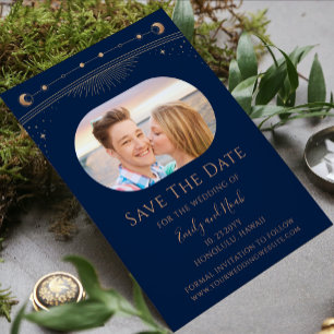 Blue Gold Celestial Moon Phase Wedding Photo Save The Date