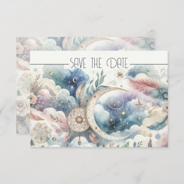Blue Gold Celestial Moon Save the Date (Front/Back)