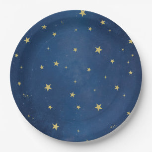 Blue Gold Celestial Moon & Stars Party Paper Plate