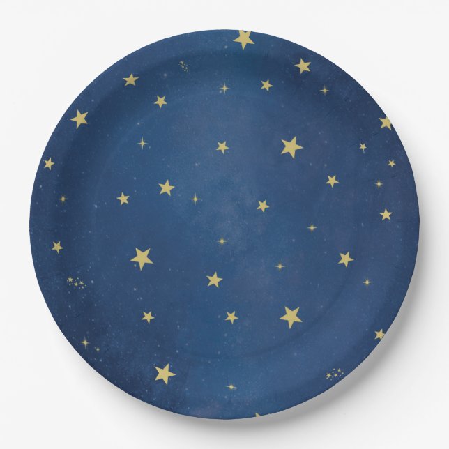 Blue Gold Celestial Moon & Stars Party Paper Plate (Front)