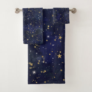 Blue & Gold Celestial Stars Whimsical Watercolor Bath Towel Set