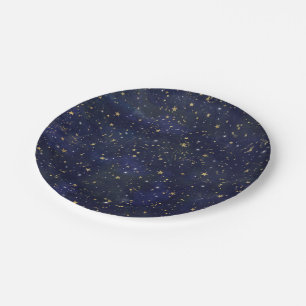 Blue & Gold Celestial Stars Whimsical Watercolor Paper Plate