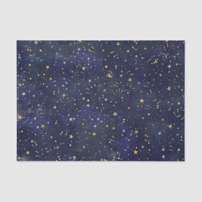 Blue & Gold Celestial Stars Whimsical Watercolor Tissue Paper (Front)