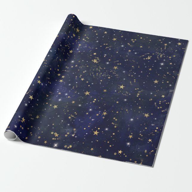 Blue & Gold Celestial Stars Whimsical Watercolor Wrapping Paper (Unrolled)