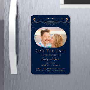 Blue Gold Celestial Sun Moon Stars Wedding Photo Magnet