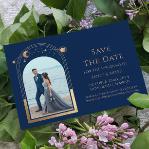 Blue Gold Celestial Sun Moon Stars Wedding Photo Save The Date