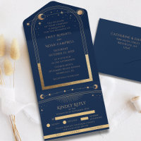 Blue Gold Celestial Sun Moon Stars Wedding RSVP