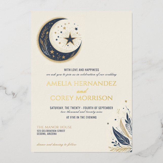 Blue & Gold Celestial Wedding Invitation (Front)