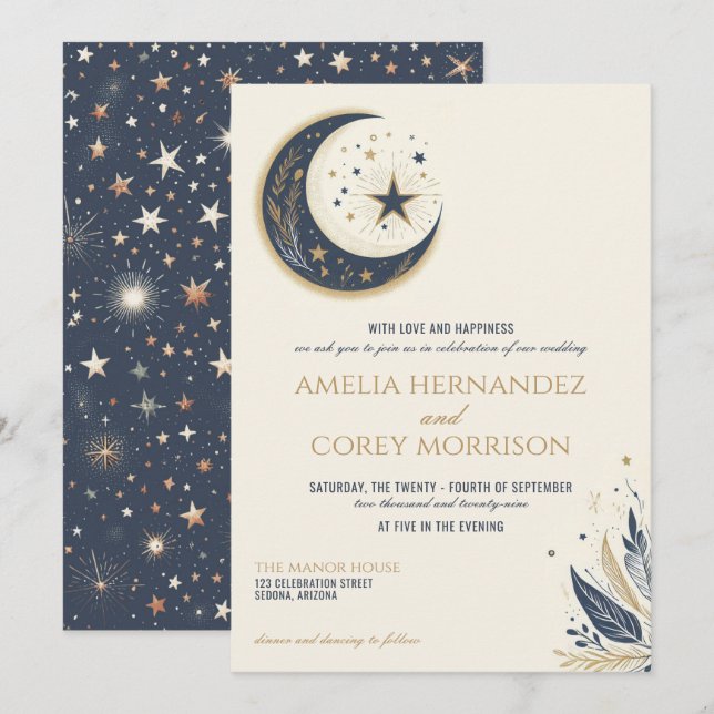 Blue & Gold Celestial Wedding Invitation (Front/Back)