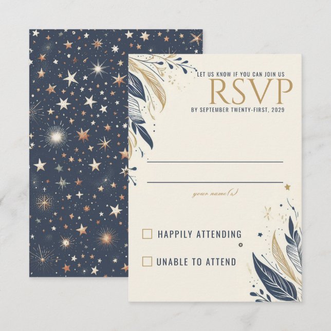 Blue & Gold Celestial Wedding RSVP Card (Front/Back)