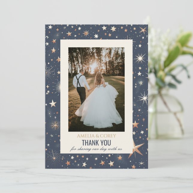 Blue & Gold Celestial Wedding Thank You Card (Standing Front)