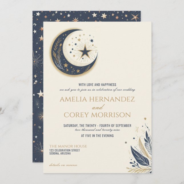 Blue & Gold Celestial with QR Code Wedding Invitation (Front/Back)