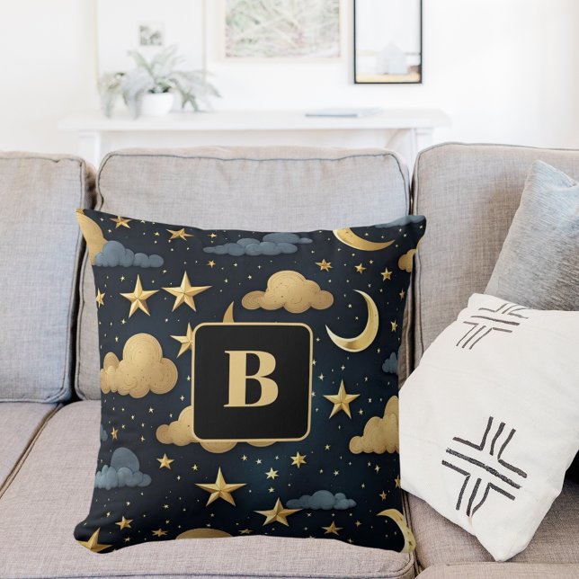 Blue gold celestrial pattern moon stars monogram cushion (Creator Uploaded)