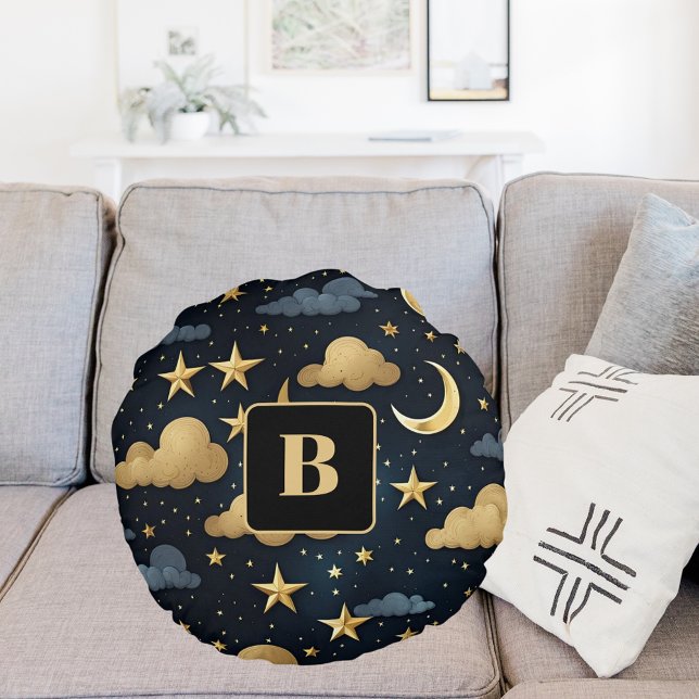 Blue gold celestrial pattern moon stars monogram round cushion (Creator Uploaded)