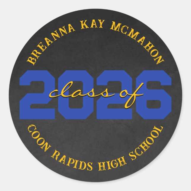 Blue & Gold Chalkboard Class Graduation Stickers (Front)