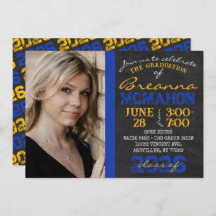 Blue & Gold Chalkboard Graduation Photo Invitation