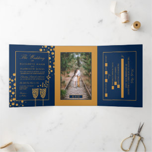 Blue & Gold Champagne Bubbles, Wedding Suite Tri-Fold Invitation