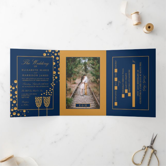 Blue & Gold Champagne Bubbles, Wedding Suite Tri-Fold Invitation (Inside)