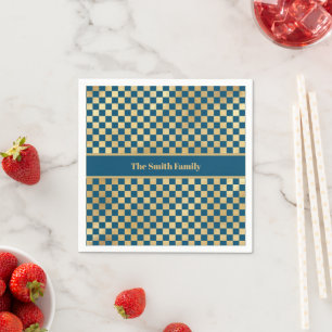 Blue Gold Checkered Paper Napkin