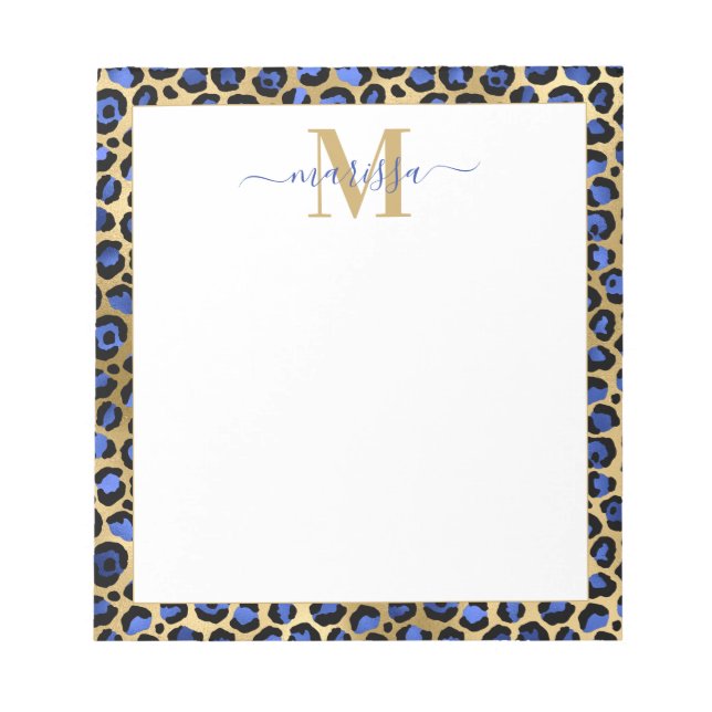 Blue Gold Cheetah Print Initial with Name Monogram Notepad (Front)