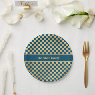 Blue Gold Chequered Paper Plate