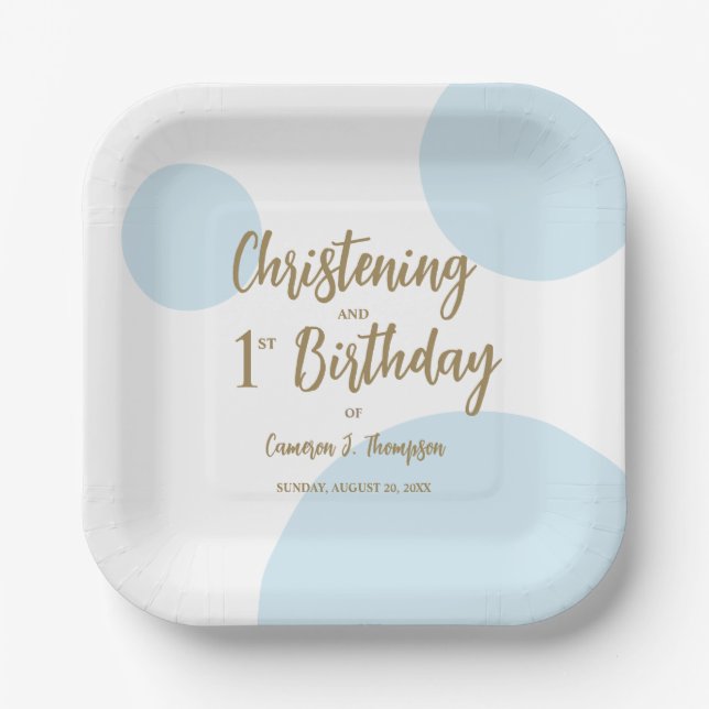 Blue Gold Christening And 1st birthday Custom Paper Plate (Front)