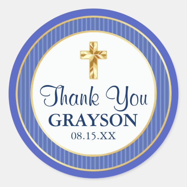 Blue & Gold Christening, Baptism, First Communion Classic Round Sticker (Front)