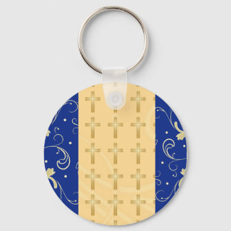 Blue, Gold, Christian Cross, Damask Favour Keychai Key Ring