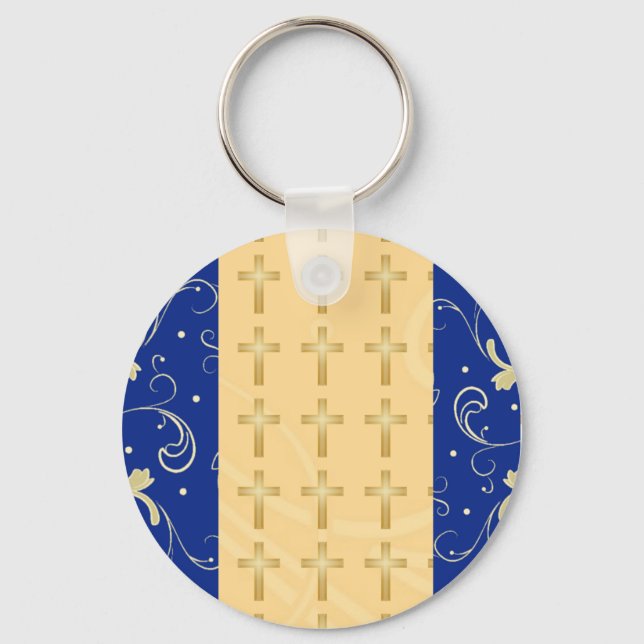 Blue, Gold, Christian Cross, Damask Favour Keychai Key Ring (Front)
