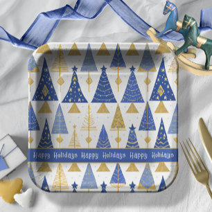 Blue Gold Christmas Merry Pattern#25 ID1009 Paper Plate
