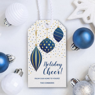 Blue Gold Christmas Ornaments and Dots Holiday Gift Tags