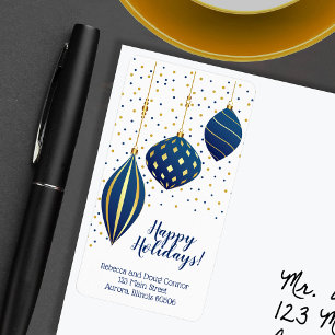 Blue Gold Christmas Ornaments and Dots Holiday Label