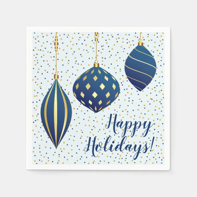 Blue Gold Christmas Ornaments and Dots Holiday Napkin (Front)