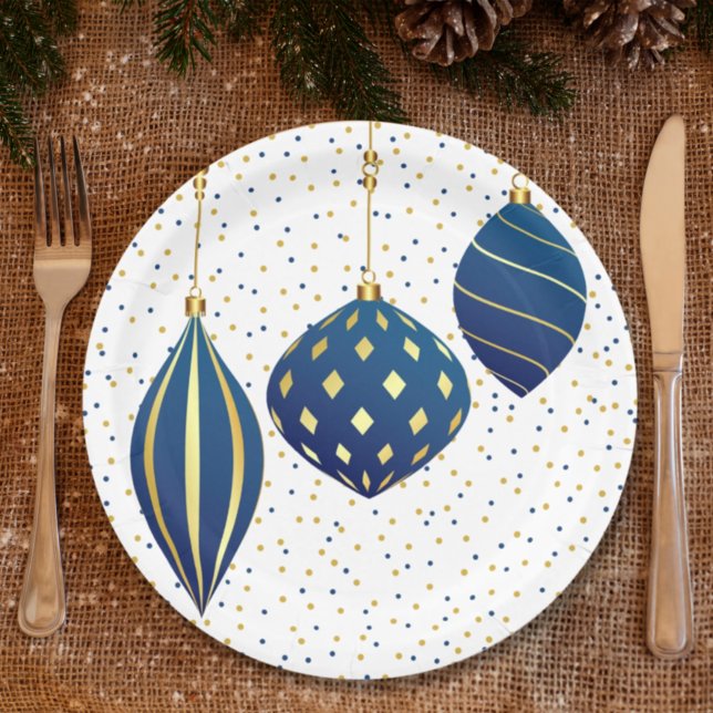 Blue Gold Christmas Ornaments and Dots Holiday Paper Plate (Creator Uploaded)