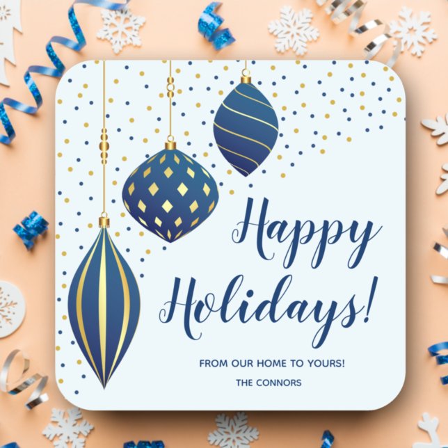 Blue Gold Christmas Ornaments and Dots Holiday Square Sticker (Creator Uploaded)