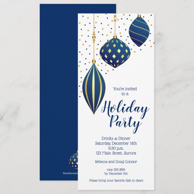 Blue Gold Christmas Ornaments Dots Holiday Invites (Front/Back)
