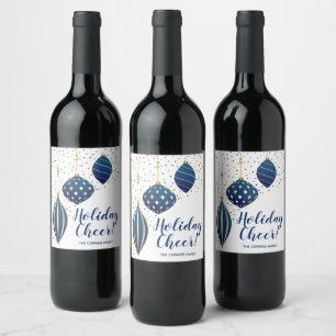Blue Gold Christmas Ornaments Dots Holiday Wine Label